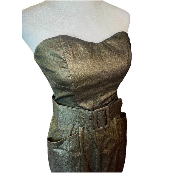 CACHE Vintage Gold Shimmer Metallic Y2K Disco Mini Belted Dress 4 - Picture 3 of 8